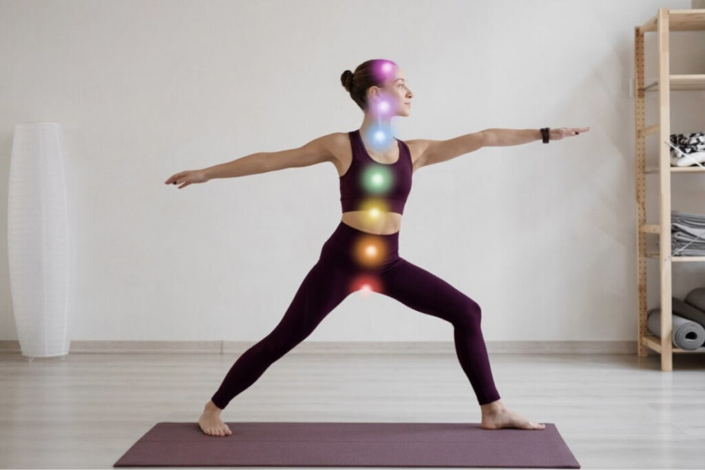 Woman in standing yoga position with overlaid chakra diagram.