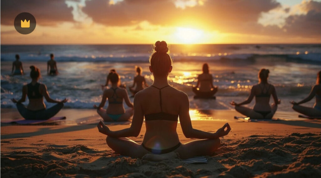Group of people sitting on beach at sunset in lotus pose.