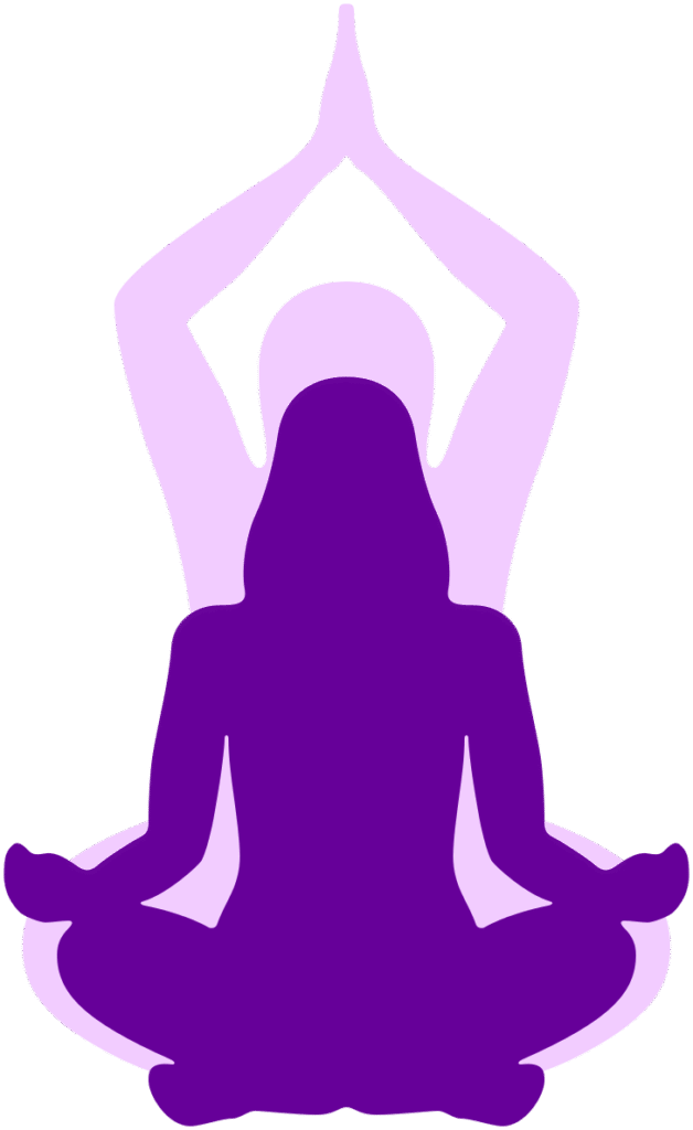 Silhouette of figure in lotus position superimposed on lighter seated silhouette with hands over head.